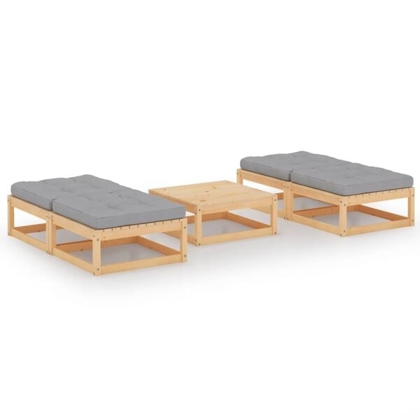 vidaXL Loungegrupp med dynor 5 delar massiv furu grå