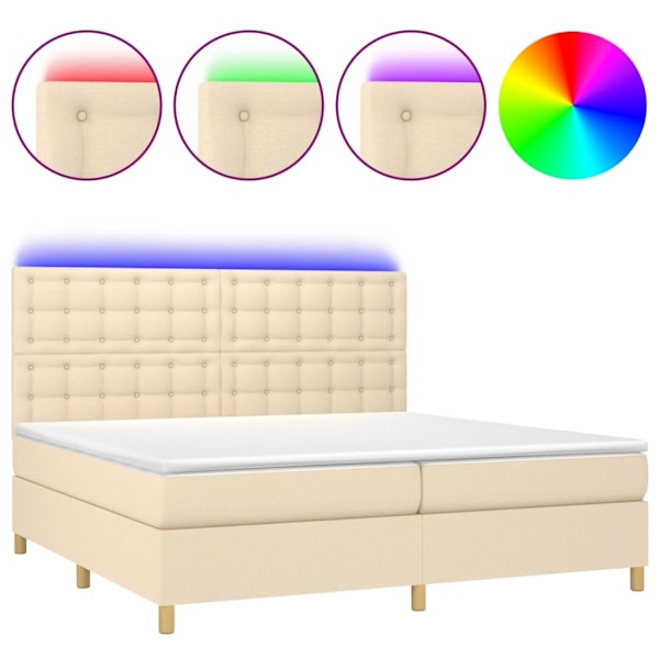 vidaXL Ramsäng med madrass & LED gräddvit 200x200 cm tyg Kräm