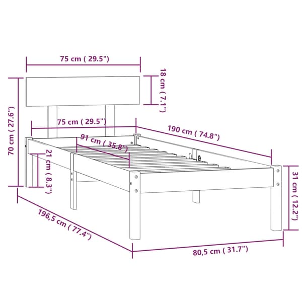 vidaXL Sängram vit massivt trä 75x190 cm Vit