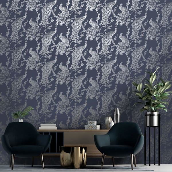 DUTCH WALLCOVERINGS Tapet påfågel marinblå och silver multifärg