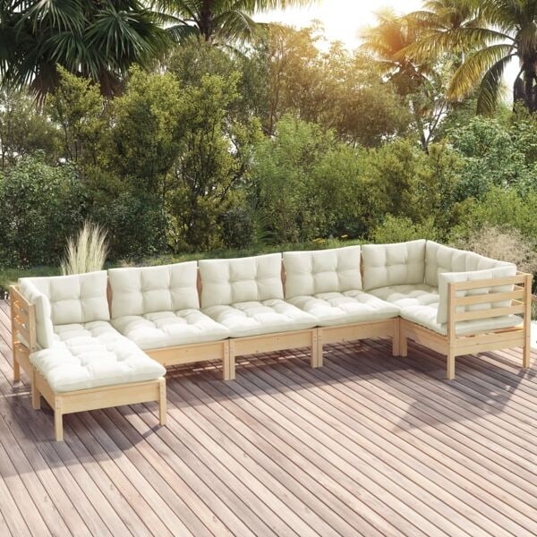 vidaXL Loungegrupp med gräddvita dynor 7 delar massiv furu Creme