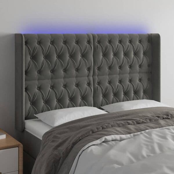 vidaXL Sänggavel LED mörkgrå 147x16x118/128 cm sammet Grå