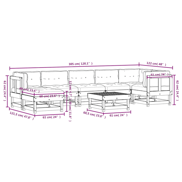 vidaXL Loungegrupp för trädgården med dynor 8 delar vit massivt trä Vit