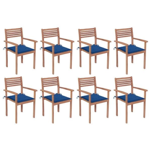 vidaXL Stapelbara trädgårdsstolar med dynor 8 st massiv teak Blå