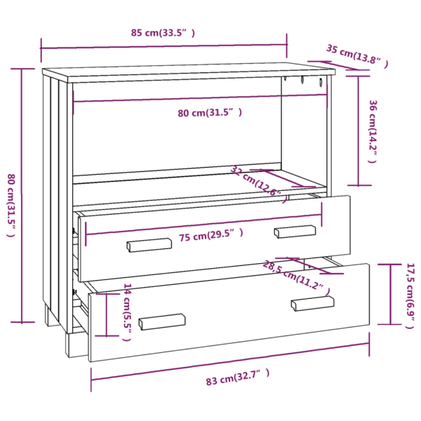 vidaXL Byrå HAMAR mörkgrå 85x35x80 cm massiv furu grå