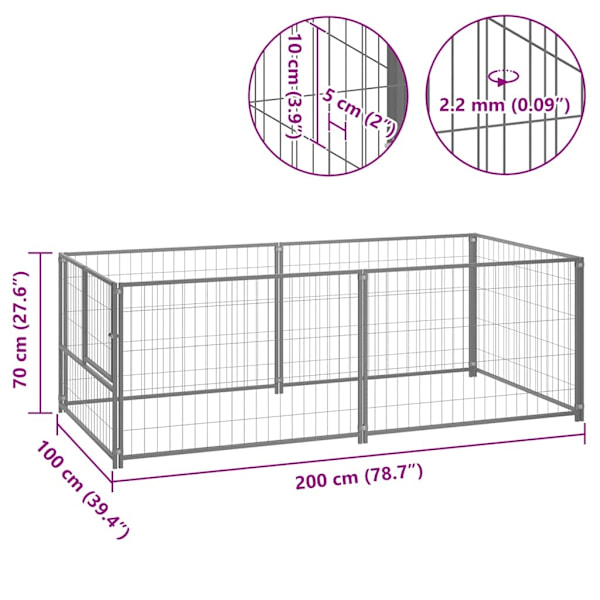 vidaXL Hundgård silver 200x100x70 cm stål Silver