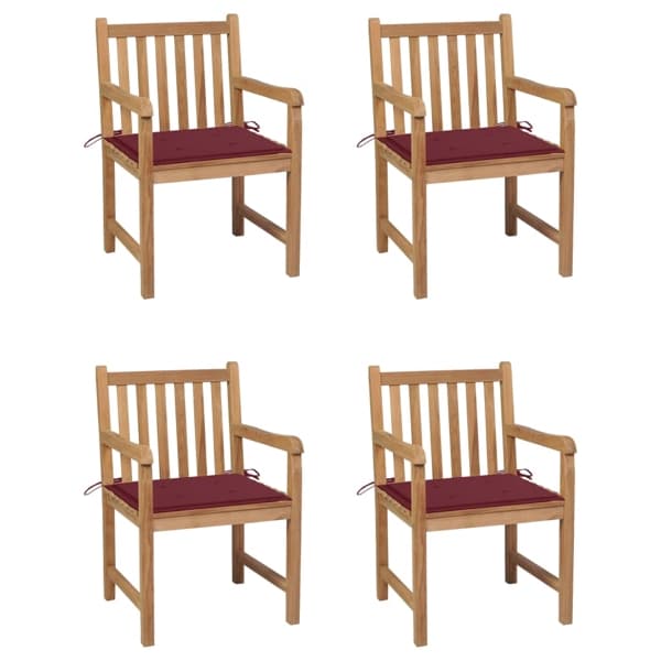 vidaXL Trädgårdsstolar med vinröda dynor 4 st massiv teak Röd