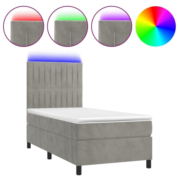 vidaXL Ramsäng med madrass & LED ljusgrå 90x200 cm sammet Grå