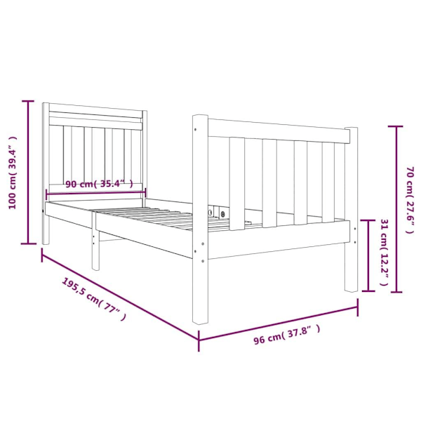 vidaXL Sängram massiv furu 90x190 cm vit