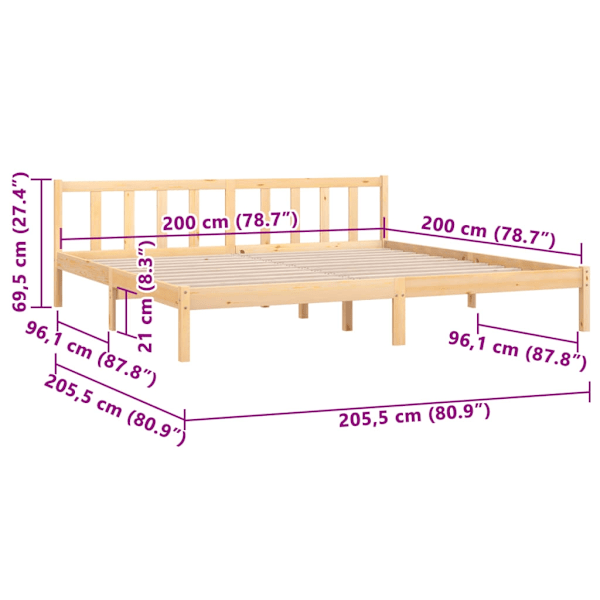vidaXL Sängram massiv furu 200x200 cm Brun