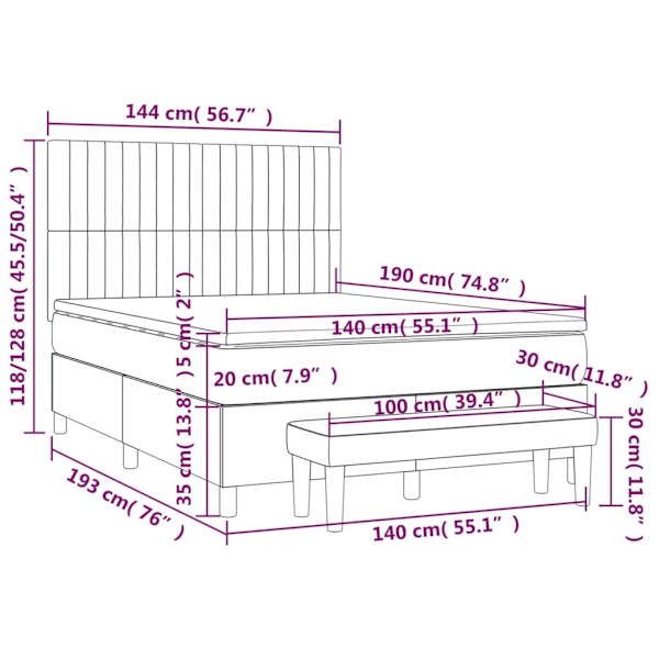 vidaXL Ramsäng med madrass ljusgrå 140x190 cm sammet Grå