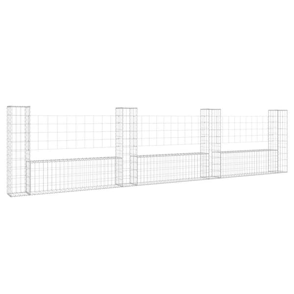 vidaXL U-formad gabionkorg med 4 stolpar järn 380x20x100 cm Silver