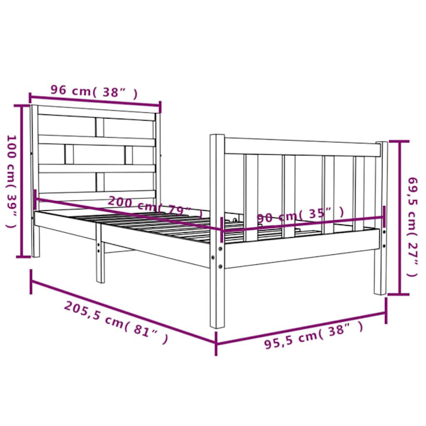 vidaXL Sängram massiv furu 90x200 cm Brun