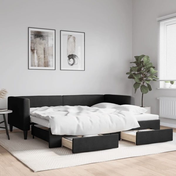 vidaXL Dagbädd utdragbar med lådor svart 90x200 cm tyg Svart