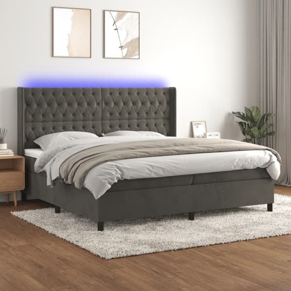 vidaXL Ramsäng med madrass & LED mörkgrå 200x200 cm sammet Grå