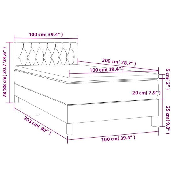 vidaXL Ramsäng med madrass & LED mörkgrå 100x200 cm tyg Grå