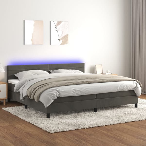 vidaXL Ramsäng med madrass & LED mörkgrå 200x200 cm sammet Grå