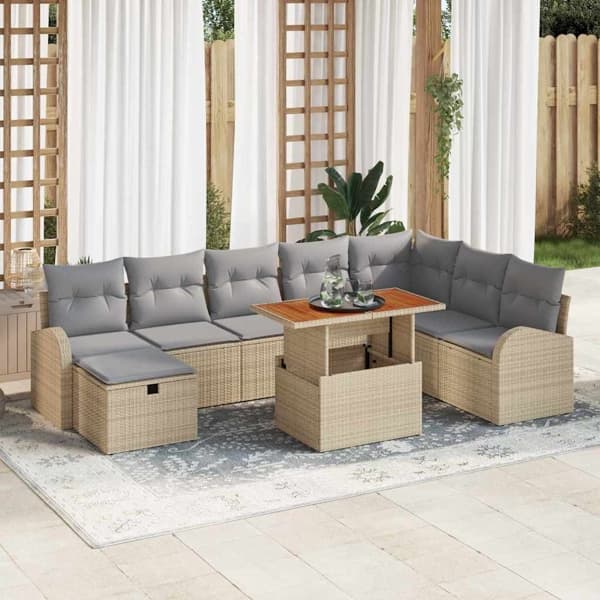 vidaXL Trädgårdsoffset 9 st Beige konstrotting Beige