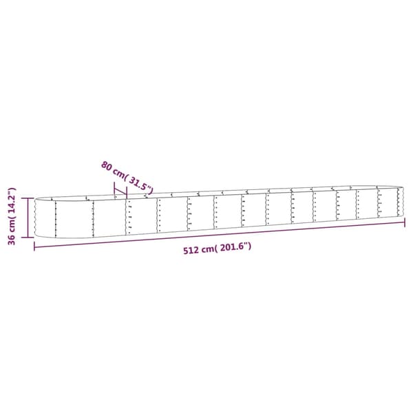 vidaXL Odlingslåda pulverlackerat stål 512x80x36 cm grå Grå