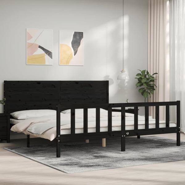 vidaXL Sängram med huvudgavel svart 200x200 cm massivt trä Svart