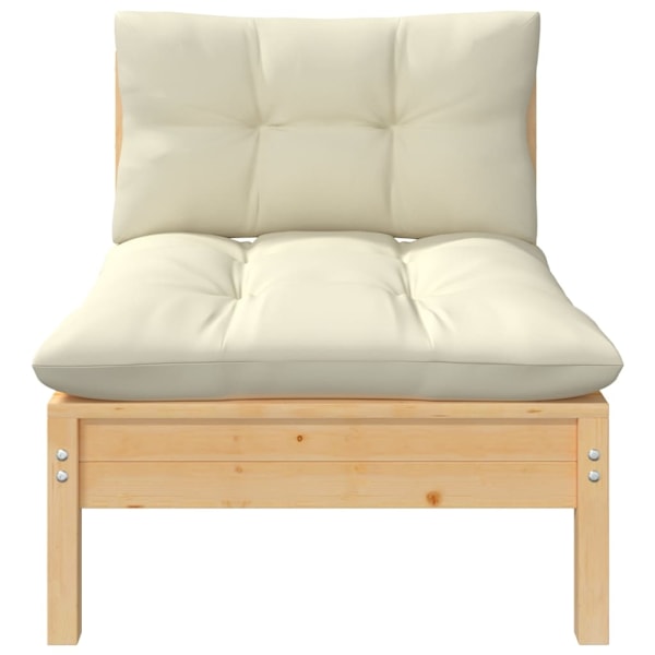 vidaXL Mittensoffa med gräddvita dynor massiv furu Creme