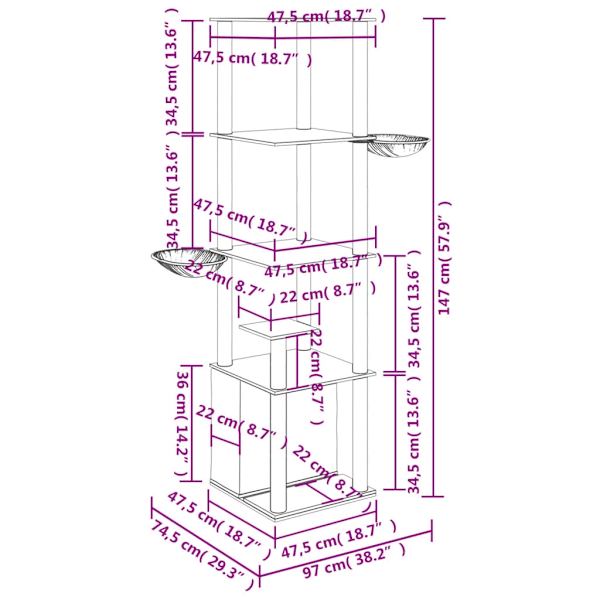 vidaXL Klösträd med sisalpelare ljusgrå 147 cm Grå
