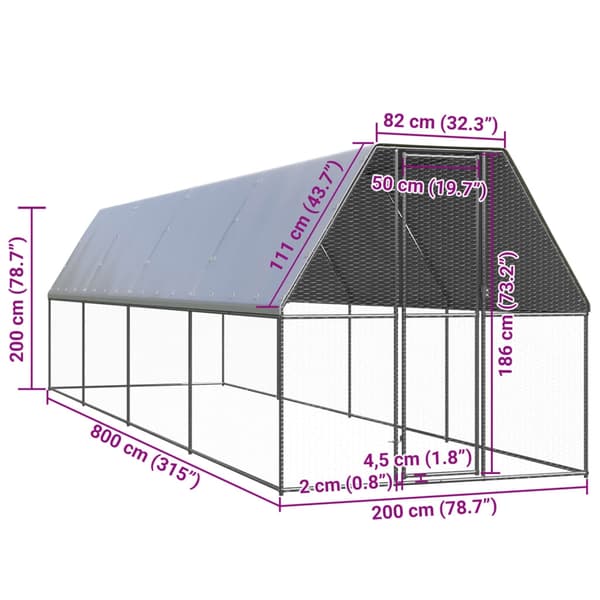 vidaXL Hönsbur för utomhusbruk 2x8x2 m galvaniserat stål Silver