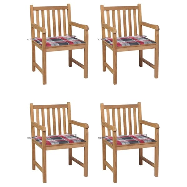 vidaXL Trädgårdsstolar rödrutiga dynor 4 st massiv teak Brun
