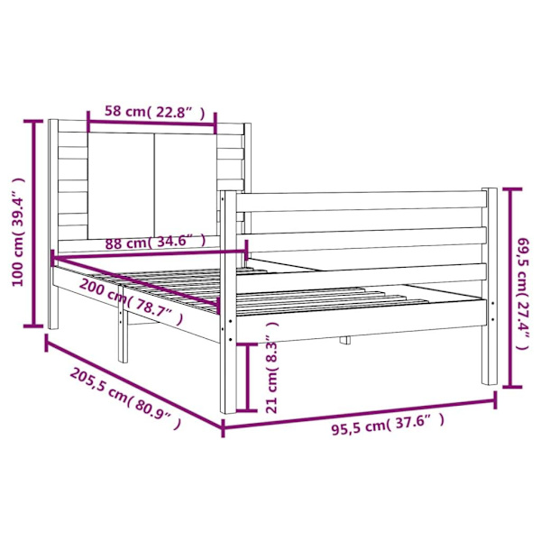 vidaXL Sängram svart massiv furu 90x200 cm Svart