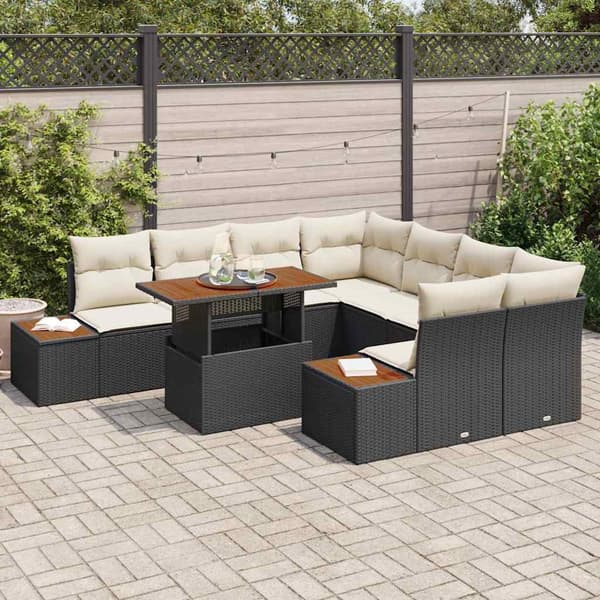 vidaXL Trädgårdsoffset 9 st Svart Poly rattan Svart