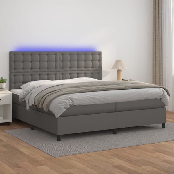 vidaXL Ramsäng med madrass & LED grå 200x200 cm konstläder Grå