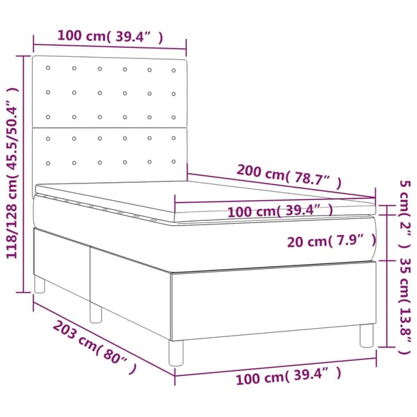 vidaXL Ramsäng med madrass & LED ljusgrå 100x200 cm sammet Grå