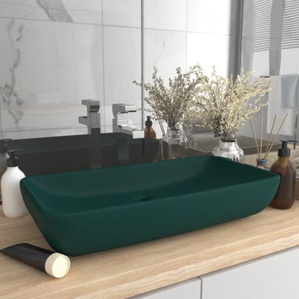 vidaXL Lyxigt rektangulärt handfat matt mörkgrön 71x38 cm keramik Grön