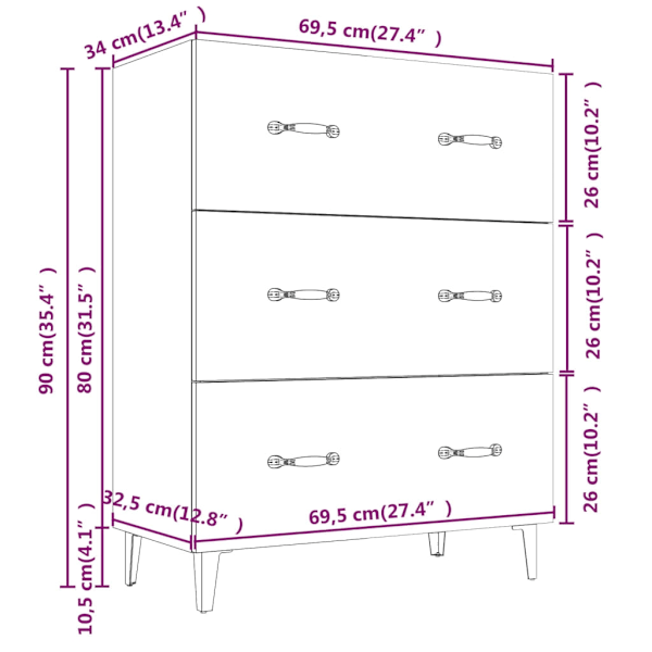 vidaXL Skänk betonggrå 69,5x34x90 cm konstruerat trä Grå