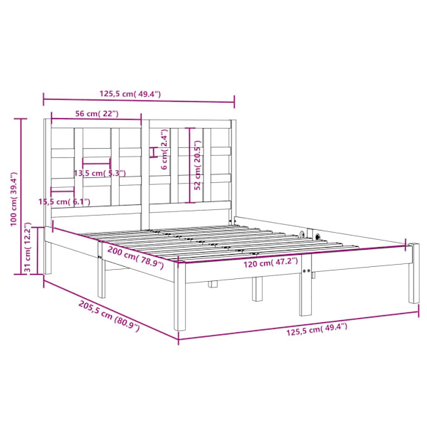 vidaXL Sängram vit massivt trä 120x200 cm Vit