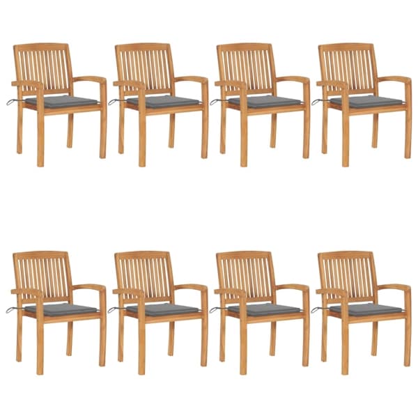 vidaXL Stapelbara trädgårdsstolar med dynor 8 st massiv teak grå