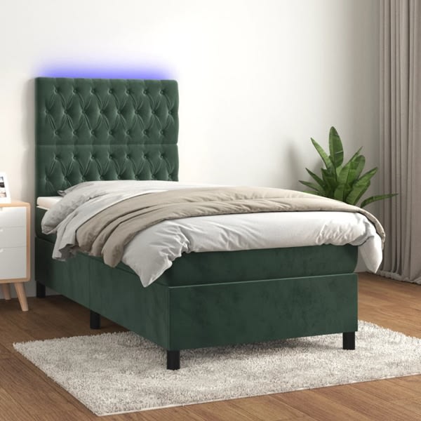 vidaXL Ramsäng med madrass & LED mörkgrön 100x200 cm sammet Grön