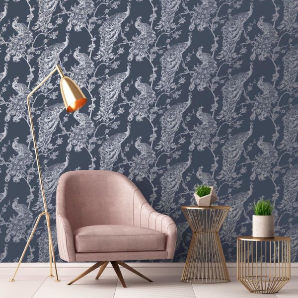 DUTCH WALLCOVERINGS Tapet påfågel marinblå och silver multifärg