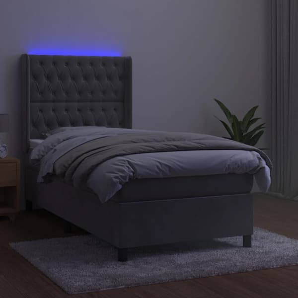 vidaXL Ramsäng med madrass & LED ljusgrå 90x200 cm sammet Grå