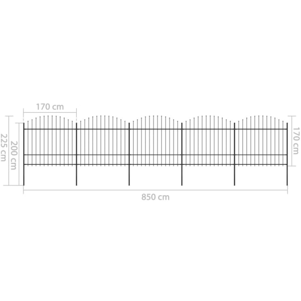 vidaXL Trädgårdsstaket med spjuttopp stål (1,5-1,75)x8,5 m svart Svart