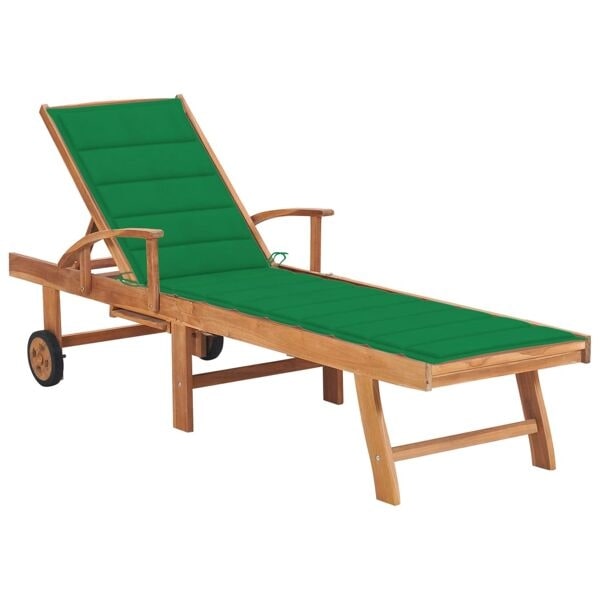 vidaXL Solsäng med grön dyna massiv teak Grön