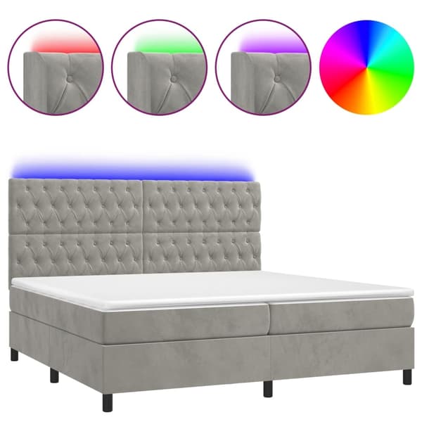 vidaXL Ramsäng med madrass & LED ljusgrå 200x200 cm sammet Grå