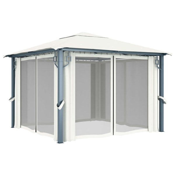 vidaXL Paviljong med gardin & ljusslinga LED 3x3 m gräddvit aluminium Creme