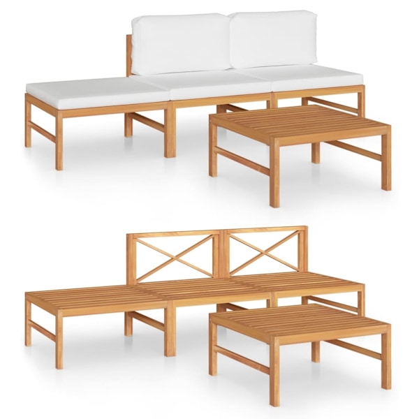 vidaXL Loungegrupp för trädgården gräddvita dynor 4 delar massiv teak Creme