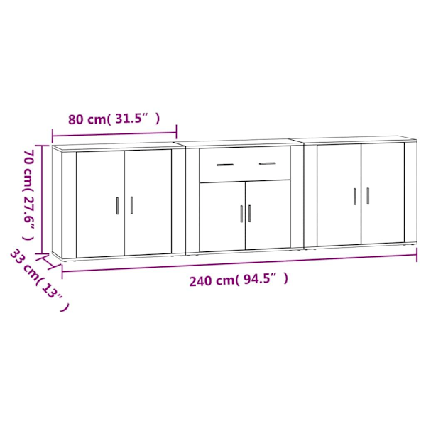 vidaXL Skänk 3 st betonggrå konstruerat trä Grå