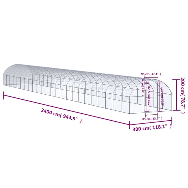 vidaXL Hönsbur för utomhusbruk 3x24x2 m galvaniserat stål Silver