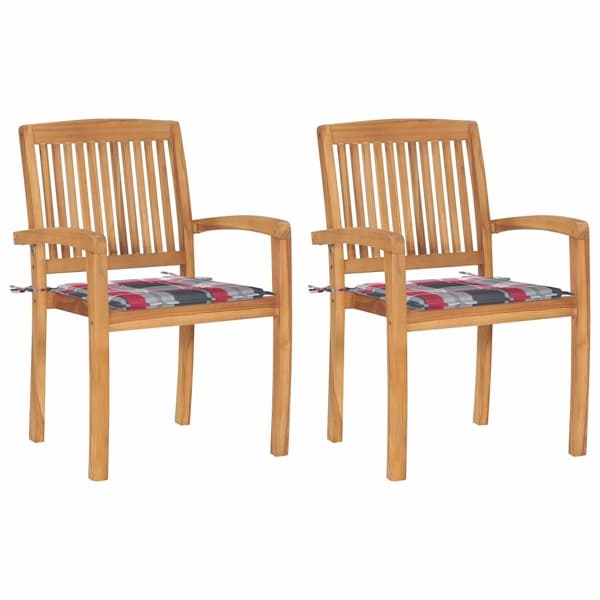 vidaXL Trädgårdsstolar 2 st med rödrutiga dynor massiv teak multifärg