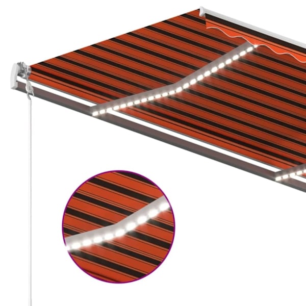 vidaXL Markis manuellt infällbar med LED 4,5x3,5 m orange och brun Flerfärgsdesign