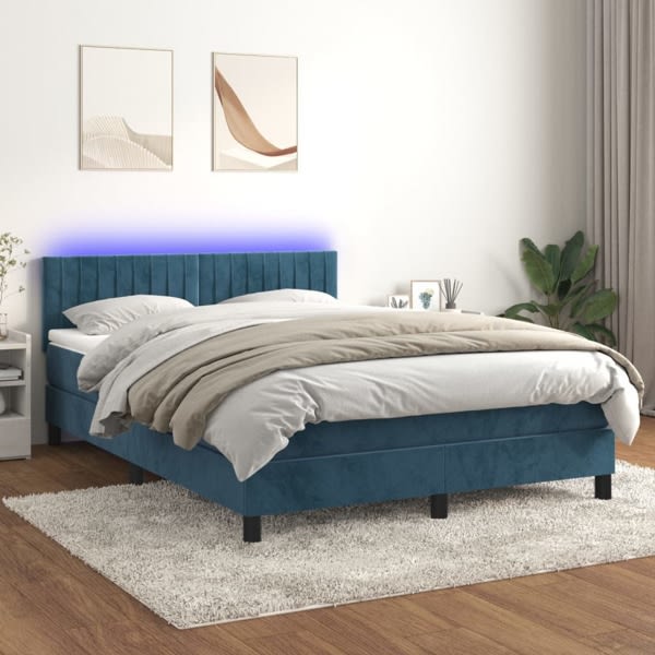 vidaXL Ramsäng med madrass & LED mörkblå 140x200 cm sammet Blå