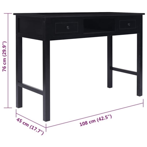 vidaXL Skrivbord svart 108x45x76 cm massivt kejsarträ Svart